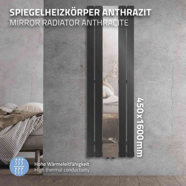 ML-Design Badeværelsesradiator Flad 1600x450 mm Antracit med spejl; Design Panelradiator med midtertilslutning; Flad radiator Vertikal Enkeltlag;