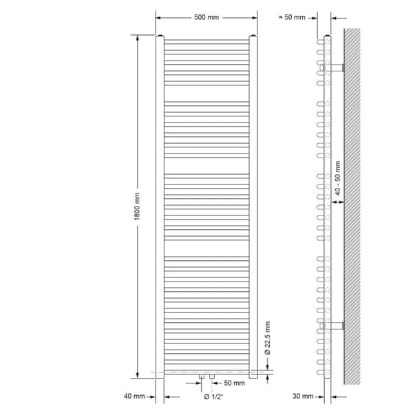 ECD Germany Sahara badeværelsesradiator - 500 x 1800 mm - krom - buet med central forbindelse - radiator håndklædevarmer håndklædetørrer designer
