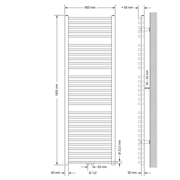 ECD Germany badrumsradiator - 600 x 1800 mm - vit - böjd med central anslutning - handdukstork för kylare