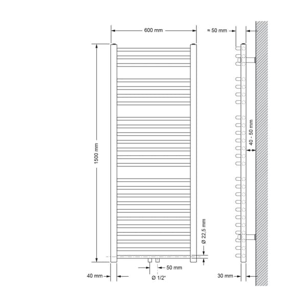 ECD Germany badrumsradiator - 600 x 1500 mm - vit - böjd med centralanslutning - handdukstork för kylare