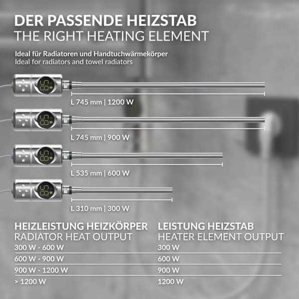 ML-Design Varmestav 300W Krom med termostat og LCD-skærm; Elektronisk temperaturregulator og timing-funktion; Varmelegeme til badeværelsesradiatorer;