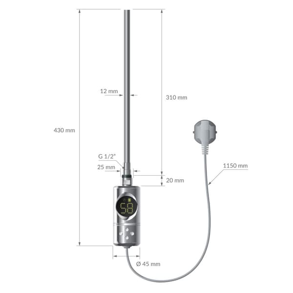 ML-Design Varmestav 300W Krom med termostat og LCD-skærm; Elektronisk temperaturregulator og timing-funktion; Varmelegeme til badeværelsesradiatorer;