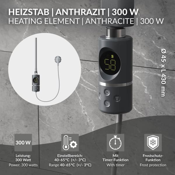 ML-Design Varmestav 300W Antracit med termostat & LCD-skærm; Elektronisk temperaturregulator & timing-funktion; Varmelegeme til