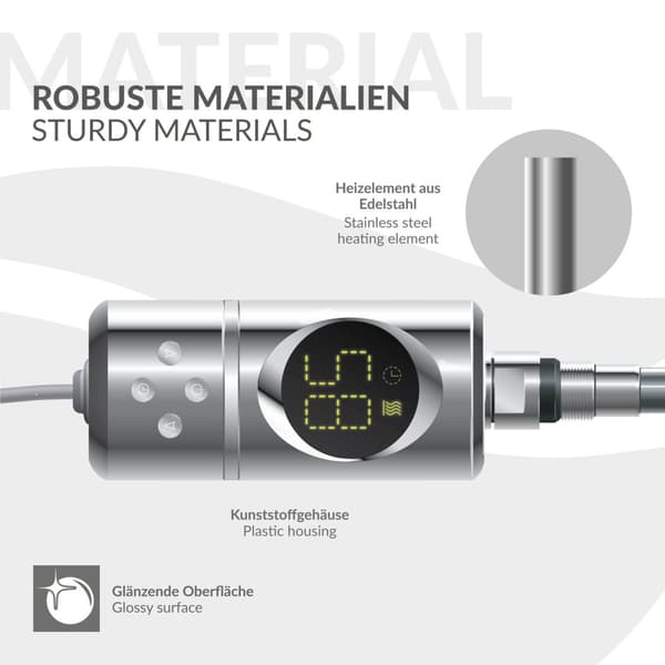 ML-Design Varmestav 1200W Krom med termostat og LCD-skærm; Elektronisk temperaturregulator og timing-funktion; Varmelegeme til