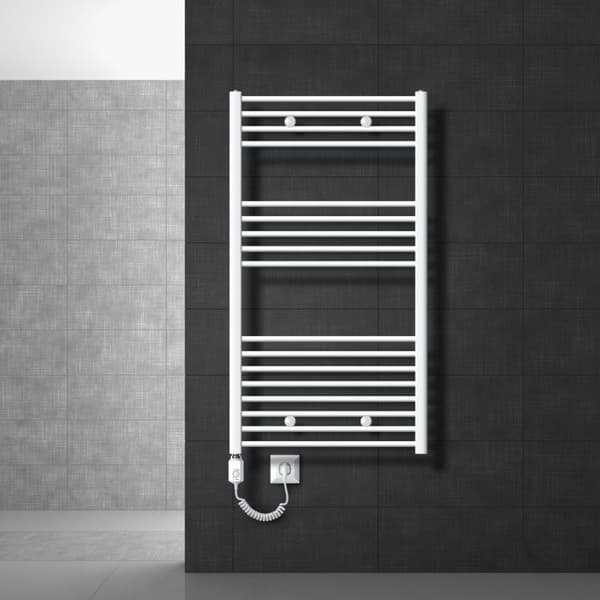 Lämmitetty pyyhe jäähdytin lämmityselementtiä 900 W: n ECD Germany Malli Saharan 750 x 1200 mm valkoinen suoran kyljen yhteys pyyheteline