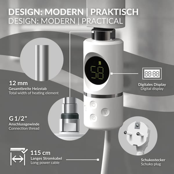 ML-Design Varmestav 1200W Hvid med termostat og LCD-skærm; Elektronisk temperaturregulator og timing-funktion; Varmelegeme til