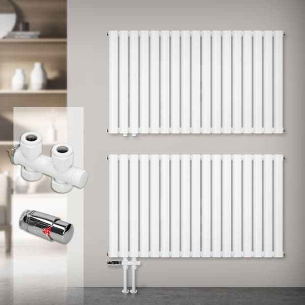 ML-Design Panelradiator 600x780 mm Vit Dubbellagig; Badradiator Horisontell; Ovala Rör; med Golvanlutningsset Genomströmningsform Multiblock med