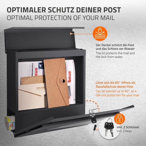 ECD Germany Stående brevlåda med tidningsfack; designbrevlåda med stolpe; brevlådanläggning; brevlådestativ antracit 120 cm rostfritt stål; postlåda