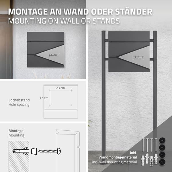 ECD Germany Stående brevlåda med tidningsfack; designbrevlåda med stolpe; brevlådanläggning; brevlådestativ antracit 120 cm rostfritt stål; postlåda