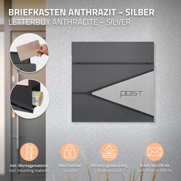 ECD Germany Stående brevlåda med tidningsfack; designbrevlåda med stolpe; brevlådanläggning; brevlådestativ antracit 120 cm rostfritt stål; postlåda
