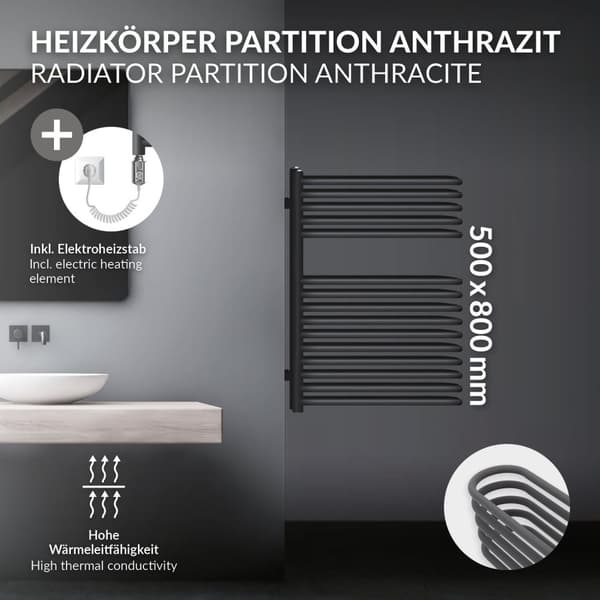 ML-Design Elektrisk Badeværelsesradiator 500x800 mm Antracit & Varmelegeme 600W; Designradiator Håndklædetørrer Håndklædevarmer Håndklæderadiator