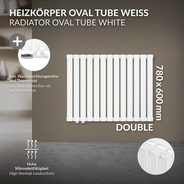 ML-Design Panelradiator 600 x 780 mm Hvid Dobbeltlag; Vandret Radiator; Ovale Rør; med Vægtilslutningssæt Hjørneform Multiblock Termostat;