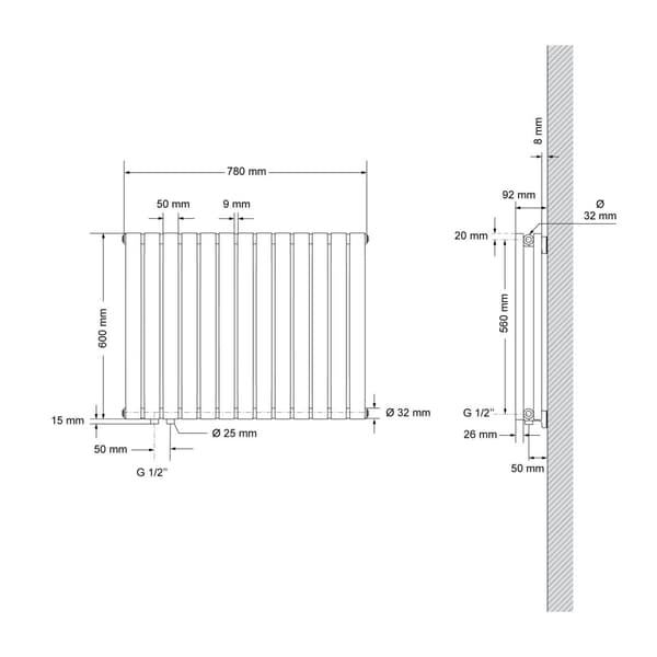 ML-Design Panelradiator 600 x 780 mm Hvid Dobbeltlag; Vandret Radiator; Ovale Rør; med Vægtilslutningssæt Hjørneform Multiblock Termostat;