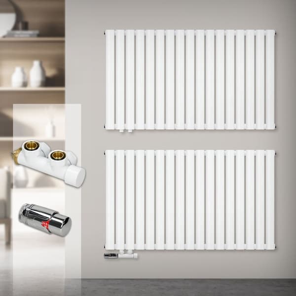 ML-Design Panelradiator 600 x 780 mm Hvid Dobbeltlag; Vandret Radiator; Ovale Rør; med Vægtilslutningssæt Hjørneform Multiblock Termostat;