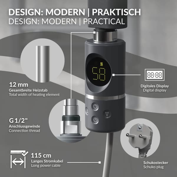 Värmeelement 600W antracit med termostat och LCD-skärm ML design