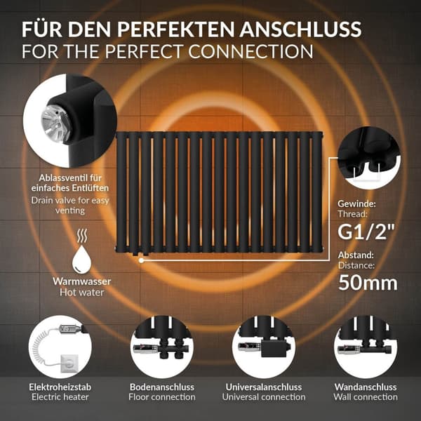Radiator Oval Tube design radiator dobbeltlag 1020 x 600 mm venstre tilslutning