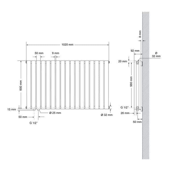 Radiator Oval Tube design radiator dobbeltlag 1020 x 600 mm venstre tilslutning