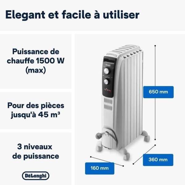 Dragon4 DELONGHI oljebadsradiator - 1500W - 3 uppvärmningssteg - Real Energy-teknik - Skorstenseffekt