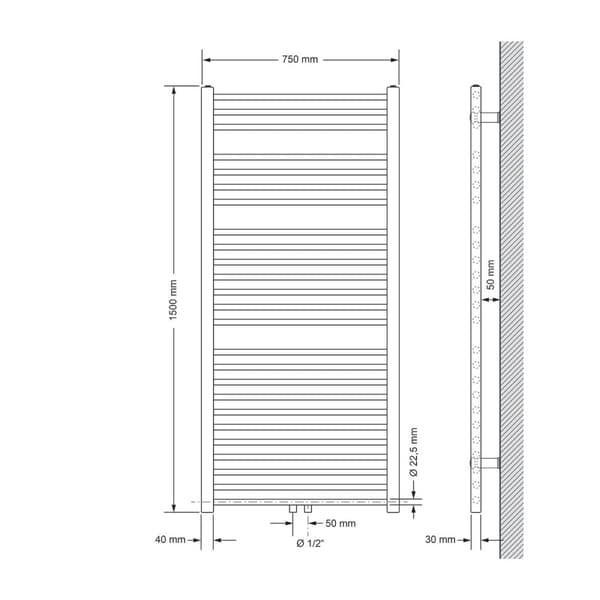 Badeværelsesradiator Sahara 750x1500 mm sort mat lige med centertilslutning LuxeBath
