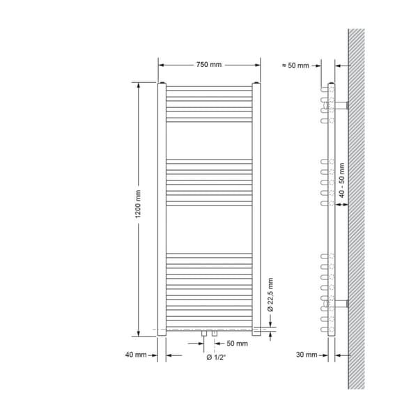 Badrumsradiator Sahara 750x1200 mm svart matt böjd med centrumanslutning LuxeBath