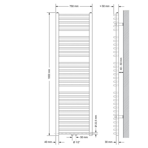 Badeværelsesradiator Sahara 750x1800 mm sort mat buet med centertilslutning LuxeBath