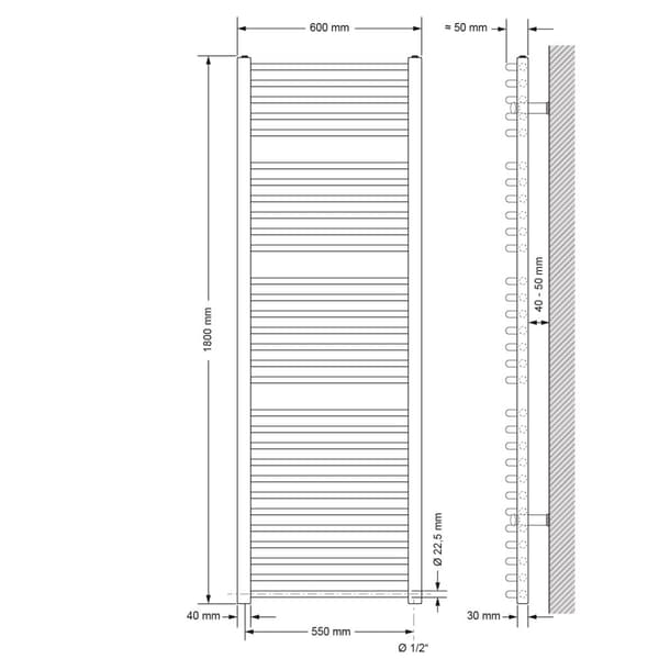 Handduks radiator med värmeelement 1200 W ECD Germany Modell Sahara 600 x 1800 mm antracit böjda sidoanslutning handdukshängare