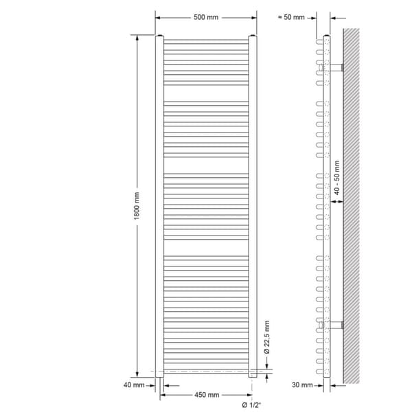 Kylpyhuoneen sähköpatteri lämmityselementillä 1200W 500x1800 mm kromattu kaareva sivuliitännällä varustettuna