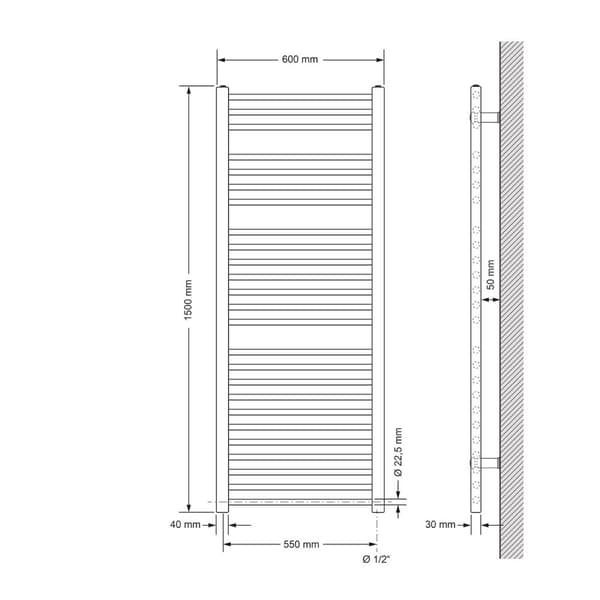 Badeværelsesradiator Sahara 600x1500 mm krom lige med sidetilslutning LuxeBath