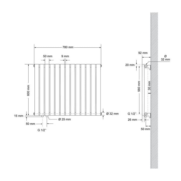 Radiator Oval Tube Enskiktad designradiator vänsteranslutning 780x600 mm