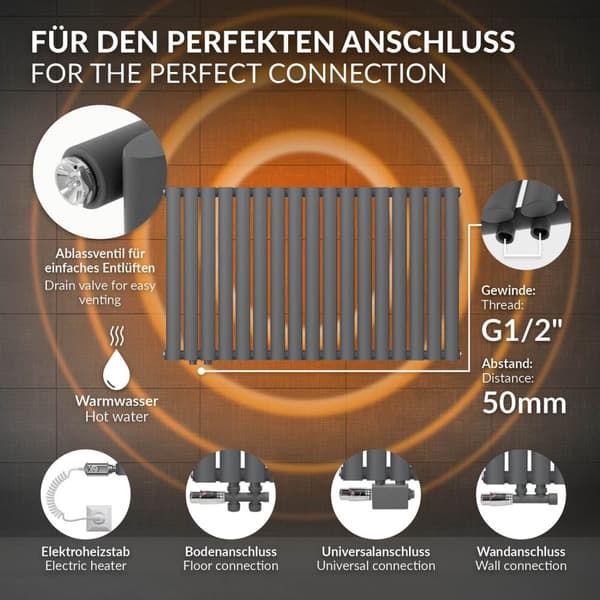 Radiator Oval Tube Designradiator Enkelt lager vänster anslutning 1020x600 mm