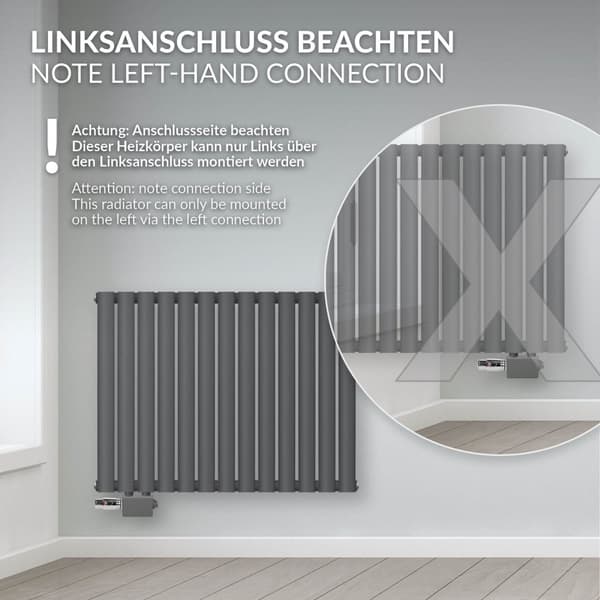 Radiator Oval Tube Designradiator Enkelt lager vänster anslutning 1020x600 mm