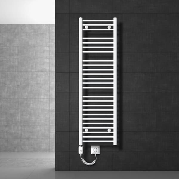 Lämmitetty pyyhe jäähdytin lämmityselementtiä 1200 W ECD Germany Malli Saharan 400 x 1500 mm valkoinen suoran kyljen yhteys pyyheteline
