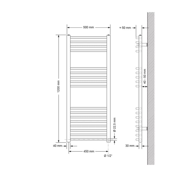 Handduks radiator med värmeelement 1200 W ECD Germany Modell Sahara 500 x 1200 vita böjda sidans förbindelserör mm handdukshängare