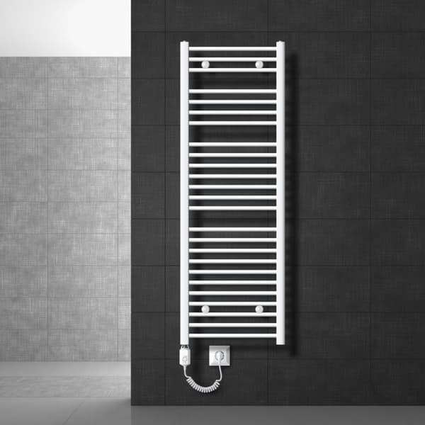LuxeBath elektrisk badrumsradiator Sahara 500x1500 mm vit böjd sidoanslutning &amp; värmeelement 900W med termostat &amp; digital display,
