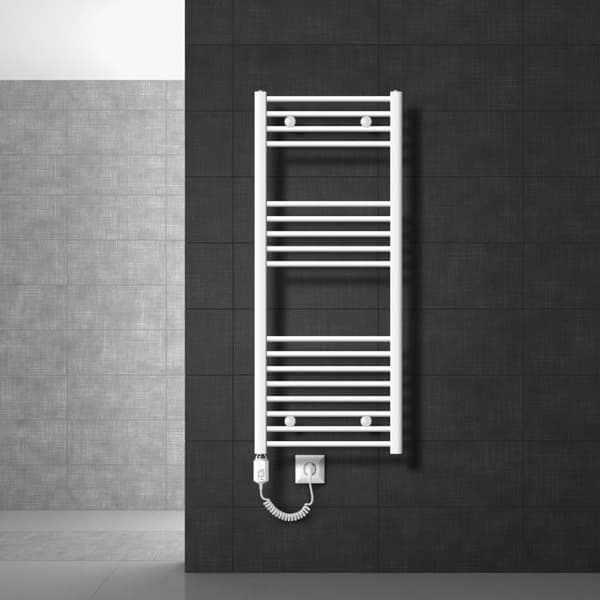 LuxeBath elektrisk badrumsradiator Sahara 500x1200 mm vit böjd sidoanslutning & värmeelement 900W med termostat & digital display,