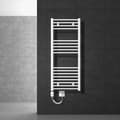 Miniatyrbillede 1 af 8: LuxeBath elektrisk badeværelsesradiator Sahara 500x1200 mm hvid buet sidetilslutning &amp; varmeelement 900W med termostat &amp; digitalt display,