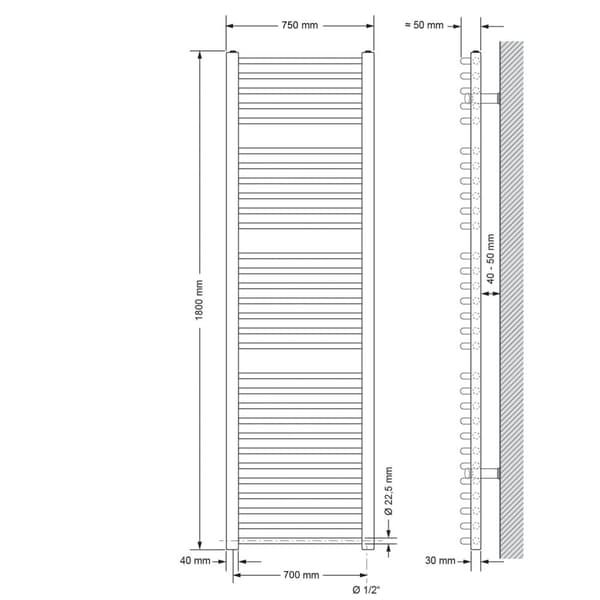 LuxeBath elektrisk badeværelsesradiator Sahara 750x1800 mm hvid buet sidetilslutning & varmeelement 900W med termostat & digitalt display,