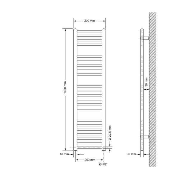 LuxeBath elektrisk badeværelsesradiator Sahara 300x1400 mm hvid lige sidetilslutning &amp; varmeelement 900W med termostat &amp; digitalt display,