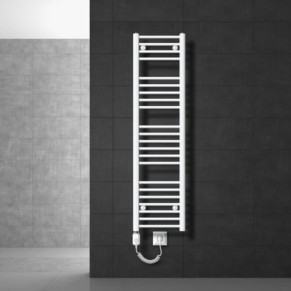 LuxeBath elektrisk badeværelsesradiator Sahara 300x1400 mm hvid lige sidetilslutning &amp; varmeelement 900W med termostat &amp; digitalt display,