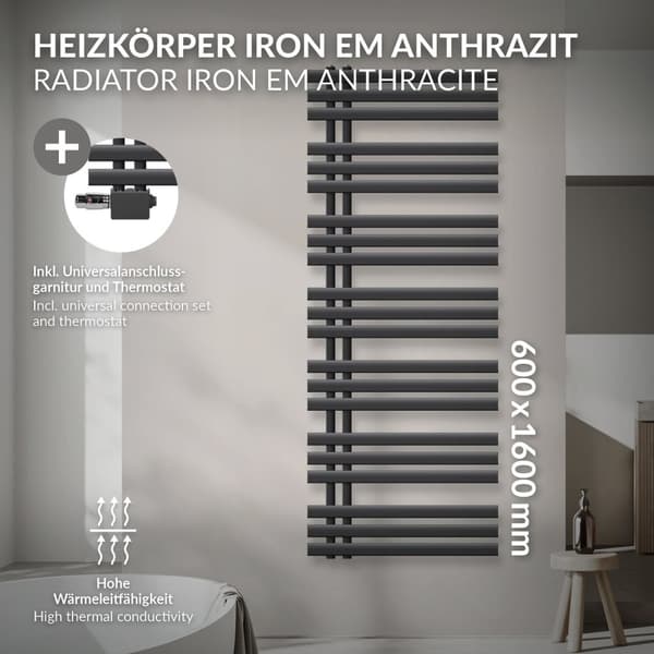 Luxe Bath badrumsradiator Iron EM 600x1600mm Antracit Centrumanslutning Anslutningssats Termostat Universal Hörn och rakt igenom Handdukstork