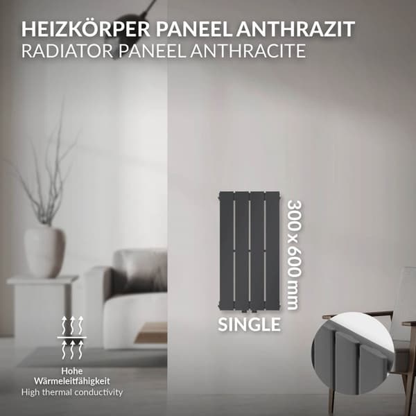 Badeværelsesradiator enkeltlag lodret 600x300 mm antracit med centertilslutning LuxeBath