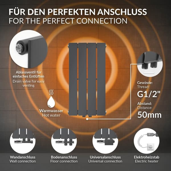 Badeværelsesradiator enkeltlag lodret 600x300 mm antracit med centertilslutning LuxeBath