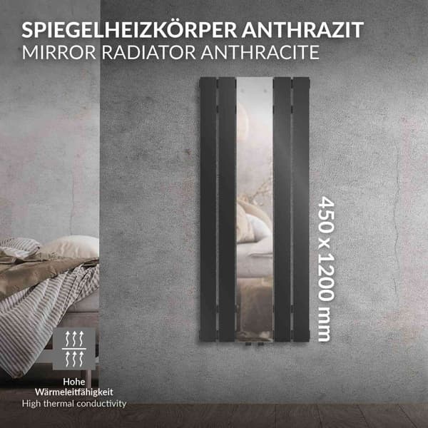 LuxeBath badrumsradiator med spegel 1200x450 mm antracit, spegelradiator planglasradiator, design panelradiator centrumanslutning värme