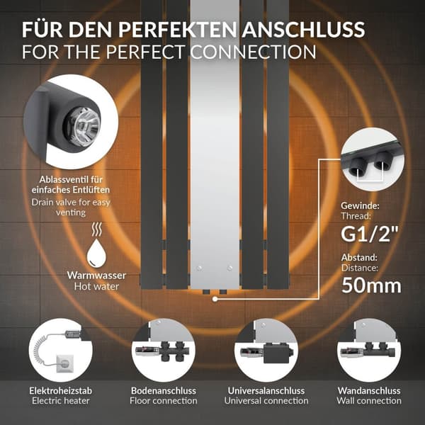 LuxeBath badrumsradiator med spegel 1200x450 mm antracit, spegelradiator planglasradiator, design panelradiator centrumanslutning värme
