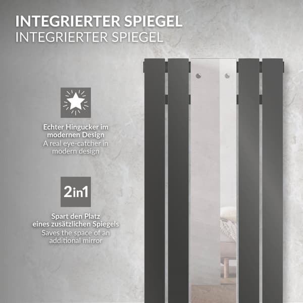 LuxeBath badrumsradiator med spegel 1200x450 mm antracit, spegelradiator planglasradiator, design panelradiator centrumanslutning värme