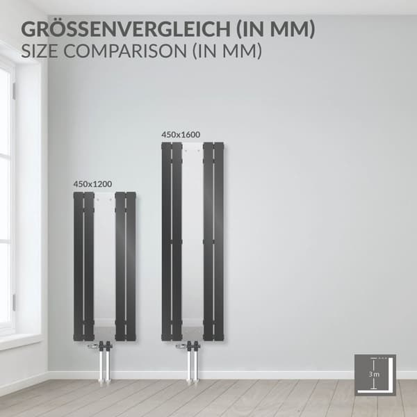 LuxeBath badrumsradiator med spegel 1200x450 mm antracit, spegelradiator planglasradiator, design panelradiator centrumanslutning värme