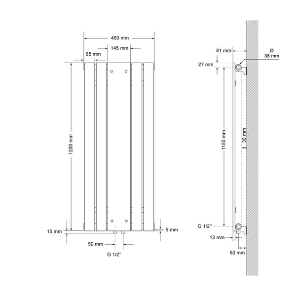 LuxeBath badrumsradiator med spegel 1200x450 mm antracit, spegelradiator planglasradiator, design panelradiator centrumanslutning värme