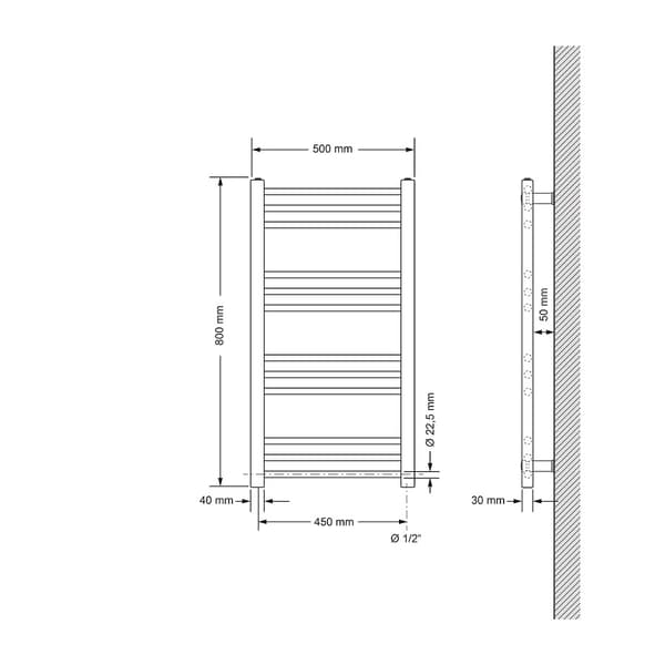 Opvarmet håndklæde radiator med opvarmning element 300 W ECD Germany Model Sahara 500 x 800 mm chrome lige sidetilslutning håndklædeholder