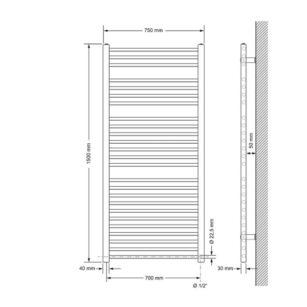 Opvarmet håndklæde radiator med opvarmning element 900 W ECD Germany Model Sahara 750 x 1500 mm lige antracit sidetilslutning håndklædeholder