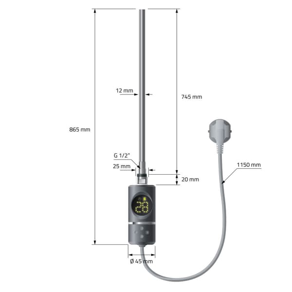 Opvarmet håndklæde radiator med opvarmning element 900 W ECD Germany Model Sahara 750 x 1500 mm lige antracit sidetilslutning håndklædeholder